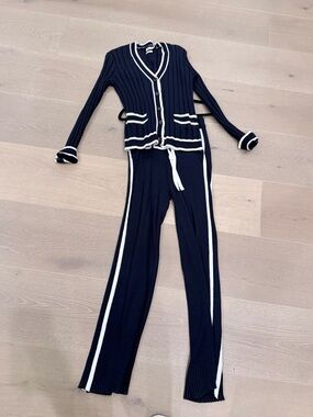 Faherty Navy and White Ribbed Knit Cardigan & Pants Set